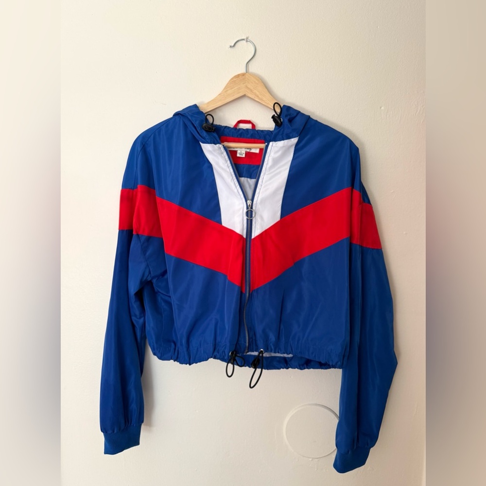Red, White and Blue Women's Zip-up Cropped Windbreaker Jacket with Hood
